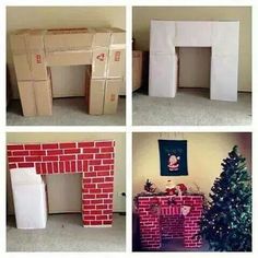 four different pictures of christmas decorations made out of cardboard boxes and bricks, including a fireplace