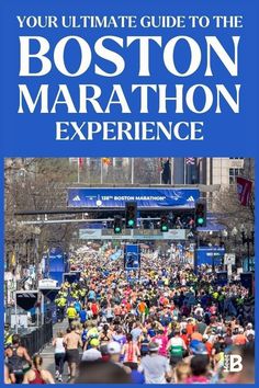 the boston marathon experience is featured in this blue book with white lettering and people running on it