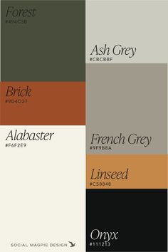 the color scheme for an interior design project, which includes different colors and font styles