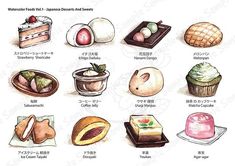 an illustrated guide to japanese desserts and sweets, including cakes, bundt cake, cupcakes, muffins