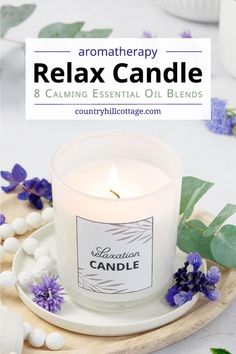 See how to make your own scented DIY relaxation candles with natural aromatherapy benefits! Run a spa bubble bath and light a relax candle with the best candle scents to relax at night. The homemade soy candle making tutorial is great for beginners. It includes 8 calming essential oil blends, free printable labels for packaging and care tips. Pretty hand poured stress relief candles are a great handmade gift, pretty home decor, and idea for your candle making business. | CountryHillCottage.com Self Care Candles, Relax Candle, Best Candle Scents, Wellness Decor, Candle Recipe, Calming Essential Oil Blends, Oil Therapy