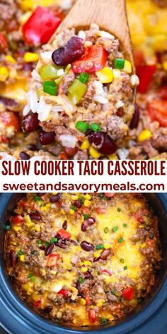 slow cooker taco casserole in the crock pot with text overlay