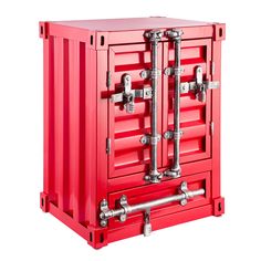 a red container with multiple pipes attached to it