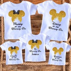 three matching shirts with the names of each child's mickey mouse ears on them