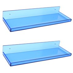 two blue glass shelves are shown against a white background, one is empty and the other has no lid