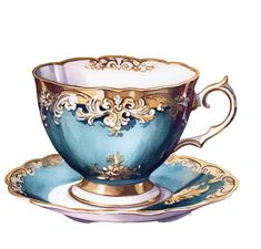 a painting of a blue and gold tea cup with saucer on the side,