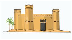 an illustration of a castle in the desert with palm trees and sand on the ground