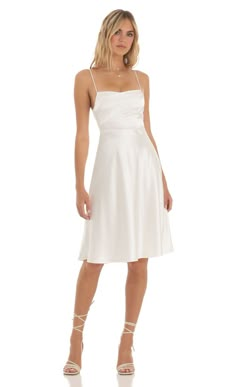 Finnian Midi Dress in White | LUCY IN THE SKY Satin Grad Dress, White Graduation Dress High School, White Graduation Dress College, White Grad Dresses, College Grad Dresses, Graduation Dress University, Best Graduation Dresses, White Grad Dress, Graduation Dress High School