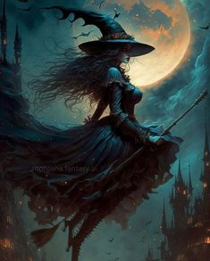 a witch flying through the air on her broom