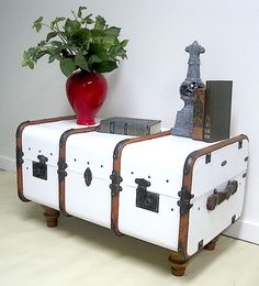 an old trunk as a coffee table with a potted plant on top and books