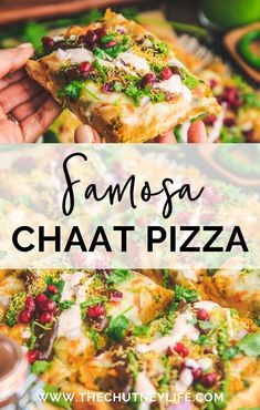 a person holding up a piece of food with the words famosa chaat pizza above it