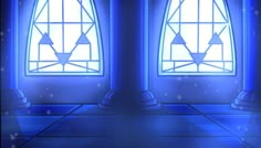 two windows with blue light shining through them in a room that has columns and pillars