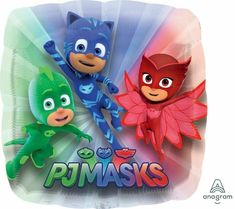 the pj masks character foil balloon is shown in front of an image of two different characters