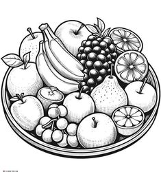 black and white drawing of fruit on a plate with grapes, apples, oranges, pears