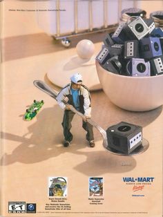 an advertisement for wal - mart with a man holding a snowboard next to a bowl of toys