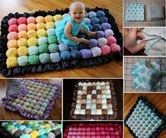 there are many pictures of different items made out of yarn and fabric, including an infant sitting on the mat