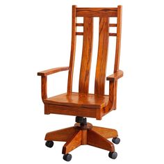 a wooden office chair sitting on top of a casteors wheel base with no wheels