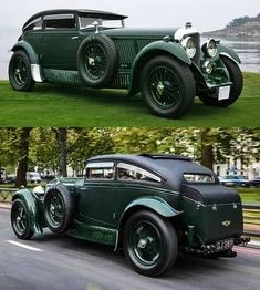 an old green car driving down the road next to another antique car on the street