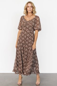 Camryn Maxi Dress | Brown Floral - Baltic Born Fall Dress Styling, Fitted Brown Maxi Dress With Smocked Back, Brown Flowy Maxi Dress With Smocked Bodice, Chic Brown Chiffon Maxi Dress, Flowy Brown Chiffon Maxi Dress, Brown Floral Print Maxi Dress For Garden Party, Brown Floral Print Dress With Square Neck, Flowy Brown Floral Print Maxi Dress, Flowy Brown Maxi Dress With Floral Print