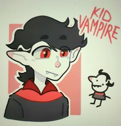 a drawing of a kid with vampire hair and red eyes, standing next to a cartoon character