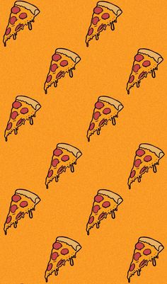 many slices of pizza on an orange background