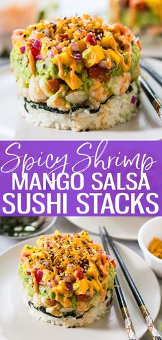 spicy shrimp mango salsa sushi stacks on rice with chopsticks in the background