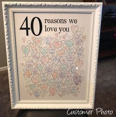 a white frame with hearts on it that says 40 reasones we love you