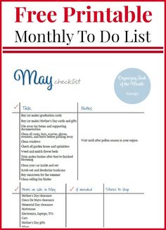 the free printable month to do list is shown in red and white with blue accents