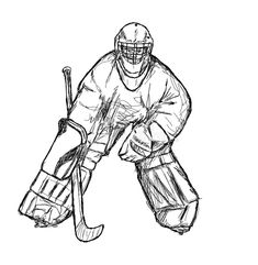 an ice hockey player in action with the puck and helmet drawn by hand on a white background