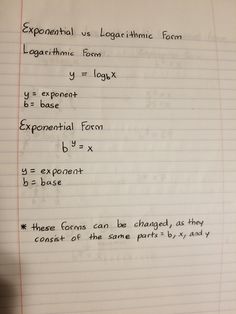 a piece of paper with writing on it that says exponent us logaric form