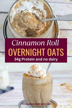 cinnamon roll overnight oats in a glass mug