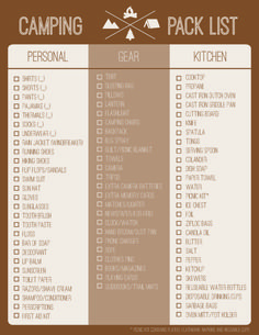 the camping checklist is shown in brown and white