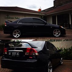 two pictures of a black car parked in front of a building