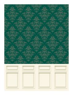 a green and white wallpaper with two doors in the center, and an ornate pattern on