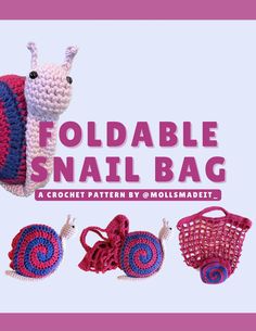 This is a digital download PDF document of a crochet pattern.  You will not receive anything in the mail. Create your very own snail that transforms into a market bag anytime you need it!  Please browse the look book photos included in this listing for info on materials, dimensions, and color inspiration!  This pattern has been pattern tested to ensure instructions are clear. Note: bag size is approximately 8-10 inches tall.  This makes a small market bag. This pattern is considered intermediate level. Foldable Market Bag Crochet Pattern, Crochet Foldable Market Bag, Crochet Snail Pattern Free, Foldable Market Bag, Crochet Pouch Pattern, Crochet Snail, Small Market, Crochet Loom, Knitted Stuff