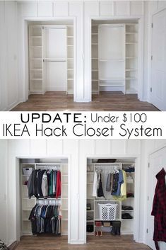 an open closet with clothes hanging from it and the words, update under $ 100 ikea hack closet system