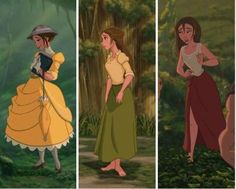 four different disney princesses standing in the woods, one is wearing a yellow dress