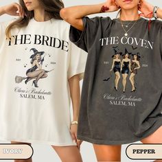 two women wearing t - shirts that say the bride and the cover, one in black and white