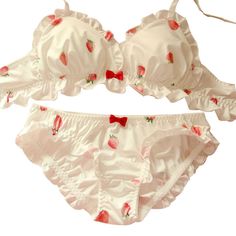 Strawberry Print White Ruffle 2-piece Kawaii Princess Lolita Nymphet Lingerie Set featuring push-up wire-free bra with ruffles, bow decoration and matching ruffle bottoms. Material: Polyester Strawberry Cute, Silk Bra, Club Outfits For Women, Bra And Panty Set, Mori Girl Fashion, Cute Bras, Pink Lingerie, Milk Silk, Knit Mini Dress