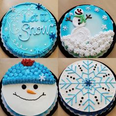 four cakes decorated with frosting and snowmen on the top one is for let it snow