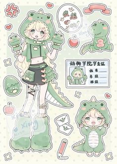 an anime character with green clothes and stickers on her face, standing in front of a