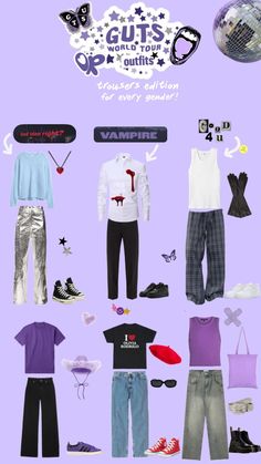 GUTS world tour outfit for every gender#gutsworldtour #oliviarodrigo #gutsoliviarodrigo #guts #souralbum #sour #gethimback #brutal #alliwant #vampire #cantcatchmenow #gutsworldtouroutfit Concert Outfit Men, Latina Fashion Outfits, Latina Fashion, Purple Outfits, Concert Fits, Olivia Rodrigo, Retro Outfits, Festival Outfit, World Tour