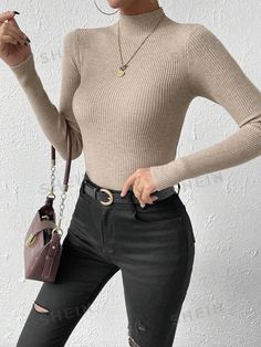 Style:Casual \nNeckline:Stand Collar \nSleeve Type:Regular Sleeve \nDetails:Rib-Knit \nType:Basic Tops \nColor:Apricot \nPattern Type:Plain \nSleeve Length:Long Sleeve \nLength:Regular \nTemperature:Spring/Fall (18-25℃/63-77℉) \nFit Type:Slim Fit \nFabric:Medium Stretch \nMaterial:Fabric \nComposition:50% Viscose \nComposition:28% Polyester \nComposition:22% Polyamide \nCare Instructions:Hand wash or professional dry clean \nSheer:No \n Womens Basic Tops, Pullover Outfit, Slim Sweater, Women Sweaters, Ribbed Knit Sweater, Knitting Women Sweater, Basic Tops, Mock Neck Sweater, Ribbed Sweater