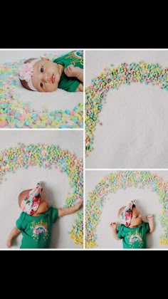 a collage of photos showing a baby with sprinkles on it