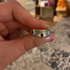 One Size Fits All Blue Ceramic Picture Of Evil Eyes Over An 18k Gold Plated Silver Adjustable Ring Eye Color Blue, Evil Eye Ring Silver, Sunburst Ring, Gold Claddagh Ring, Stamped Rings, Native American Rings, Evil Eyes, Blue Stone Ring, Evil Eye Ring