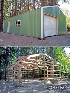 two pictures side by side showing the inside and outside of a metal building with doors open