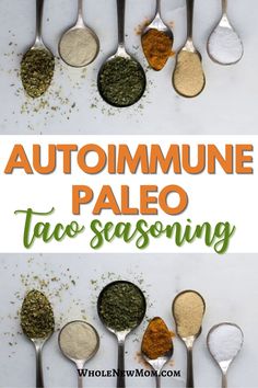 spoons filled with different types of seasoning on top of each other, and the words autoimmune paleo taco seasoning