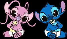 two cartoon characters sitting next to each other with one holding a pacifier in its mouth