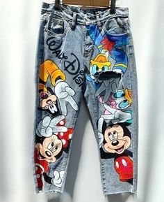 Disney Pants Jeans, Disney Jeans Diy, Jeans Painting Ideas, Disney Denim Jacket, Designer Photoshoot, Disney Jeans, Hand Painted Jeans, Denim Diy Clothes