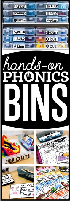 the hands on phonics bins are filled with pens, pencils and markers